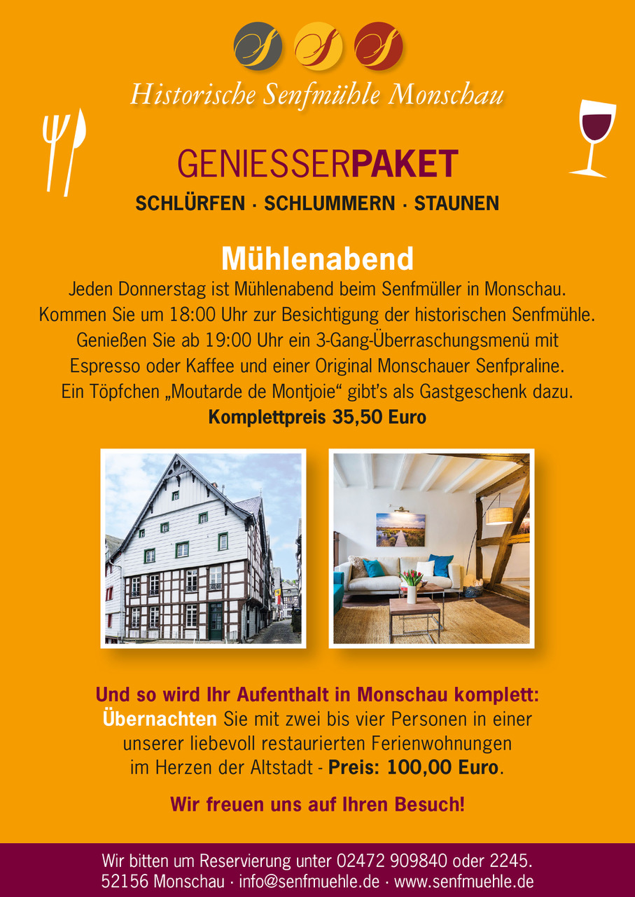 Muhlenabend Beim Senfmuller In Monschau Auch Als Geniesserpaket Mit Ubernachtung Veranstaltungen Historische Senfmuhle Monschau